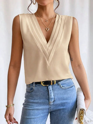 V - Neck Pleated Sleeveless Cami Tank Top - StyleLure