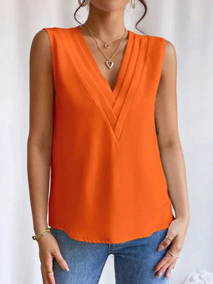 V - Neck Pleated Sleeveless Cami Tank Top - StyleLure