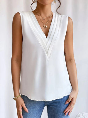 V - Neck Pleated Sleeveless Cami Tank Top - StyleLure