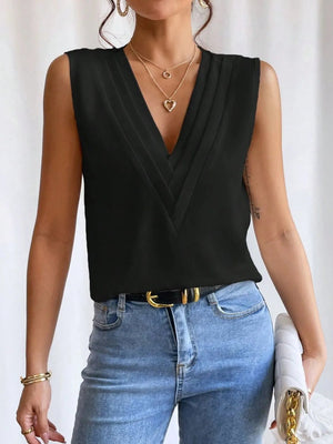 V - Neck Pleated Sleeveless Cami Tank Top - StyleLure