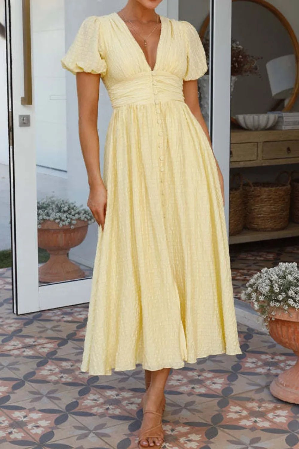 V - Neck Puff Short Sleeve Midi Dress - StyleLure