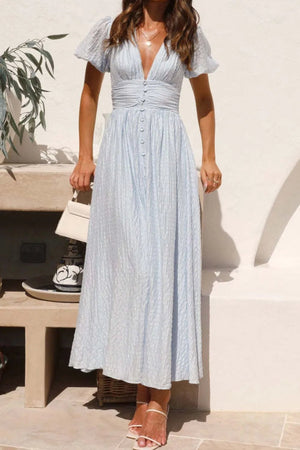 V - Neck Puff Short Sleeve Midi Dress - StyleLure