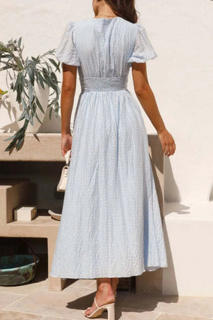 V - Neck Puff Short Sleeve Midi Dress - StyleLure
