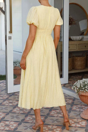 V - Neck Puff Short Sleeve Midi Dress - StyleLure