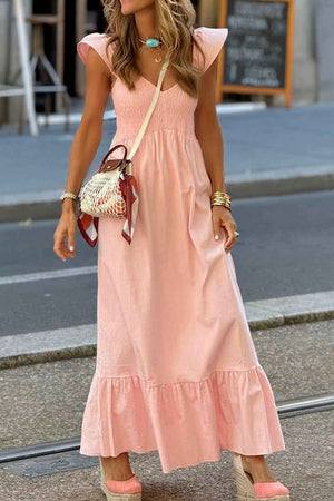 V Neck Ruffled Cap Sleeve Smocked Maxi Dress - StyleLure