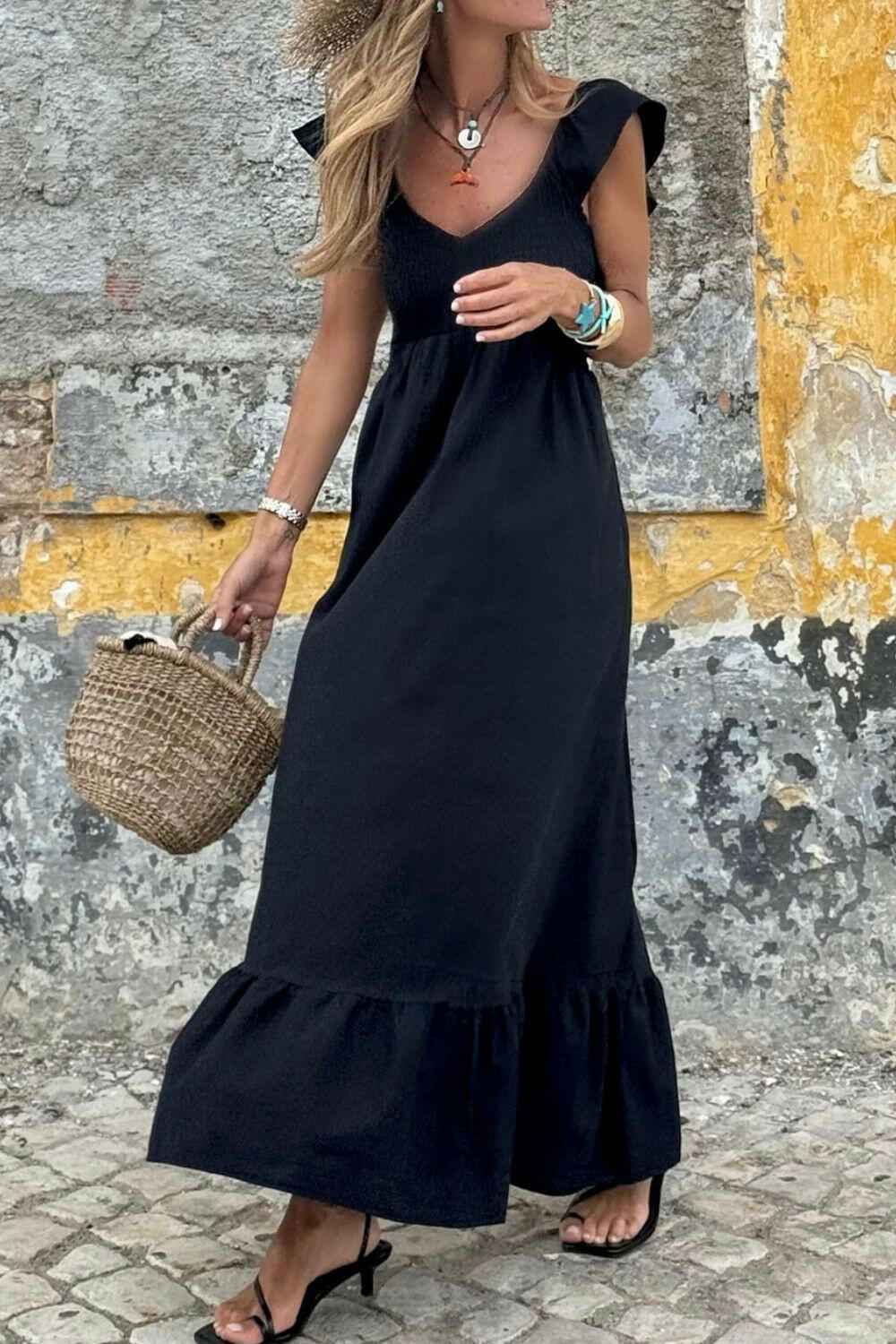 V Neck Ruffled Cap Sleeve Smocked Maxi Dress - StyleLure