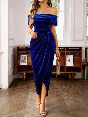 Velvet Off - Shoulder Ruched Midi Dress - StyleLure