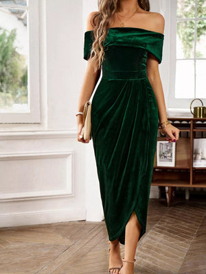 Velvet Off - Shoulder Ruched Midi Dress - StyleLure