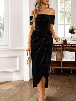 Velvet Off - Shoulder Ruched Midi Dress - StyleLure