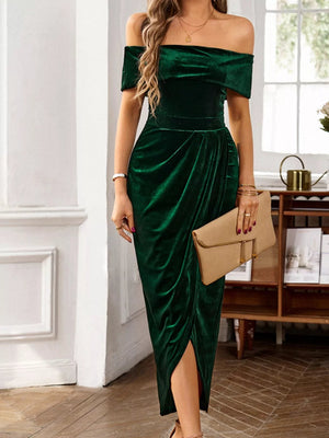 Velvet Off - Shoulder Ruched Midi Dress - StyleLure
