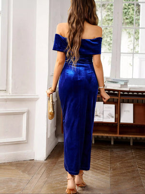 Velvet Off - Shoulder Ruched Midi Dress - StyleLure