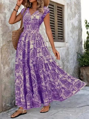 Vintage Floral Cap Sleeve Maxi Dress - StyleLure