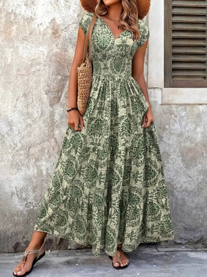 Vintage Floral Cap Sleeve Maxi Dress - StyleLure