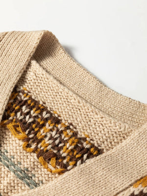 Western Pattern Knitted Button V Neck Cardigan Sweater - StyleLure