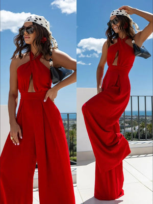 Wide Leg Cutout Halter Neck Jumpsuit - StyleLure