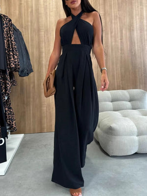 Wide Leg Cutout Halter Neck Jumpsuit - StyleLure