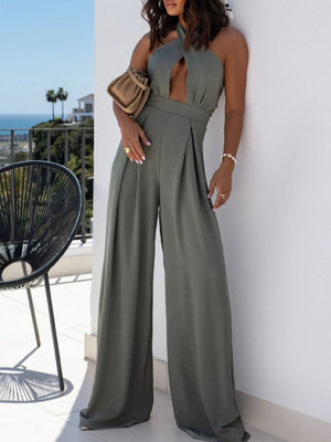 Wide Leg Cutout Halter Neck Jumpsuit - StyleLure