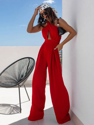 Wide Leg Cutout Halter Neck Jumpsuit - StyleLure