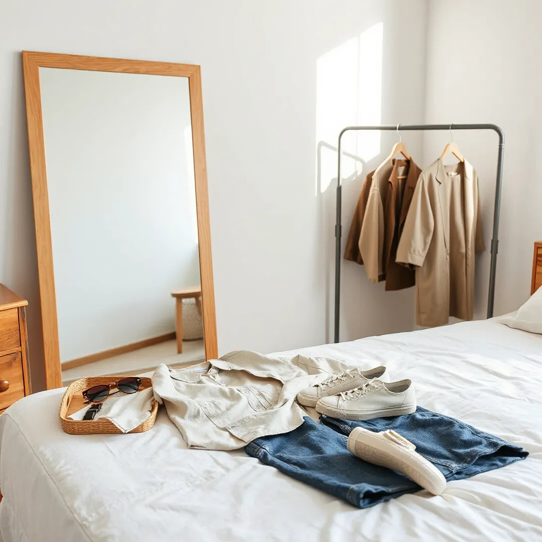 Neatly arranged casual outfit with accessories in a bright modern bedroom setting