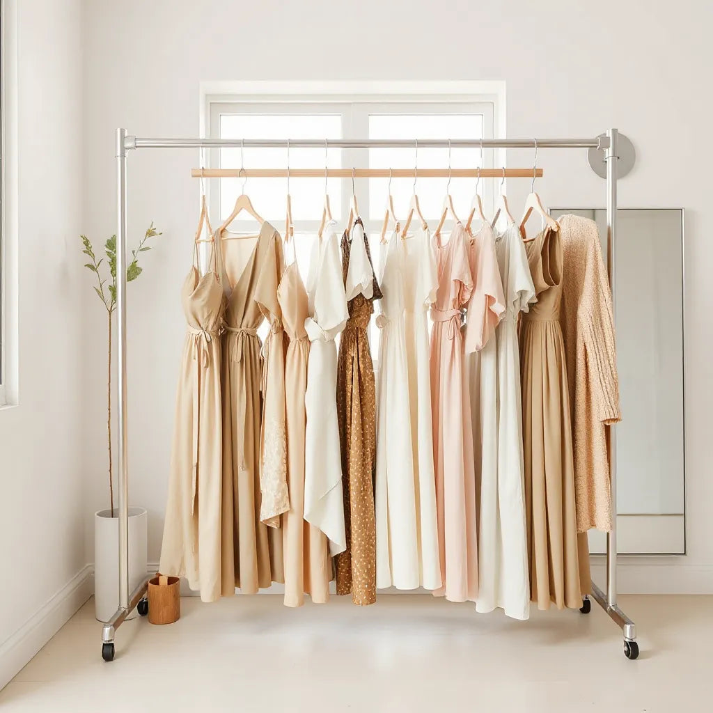 Neatly arranged affordable dresses on a clothing rack in a bright dressing room with soft natural light