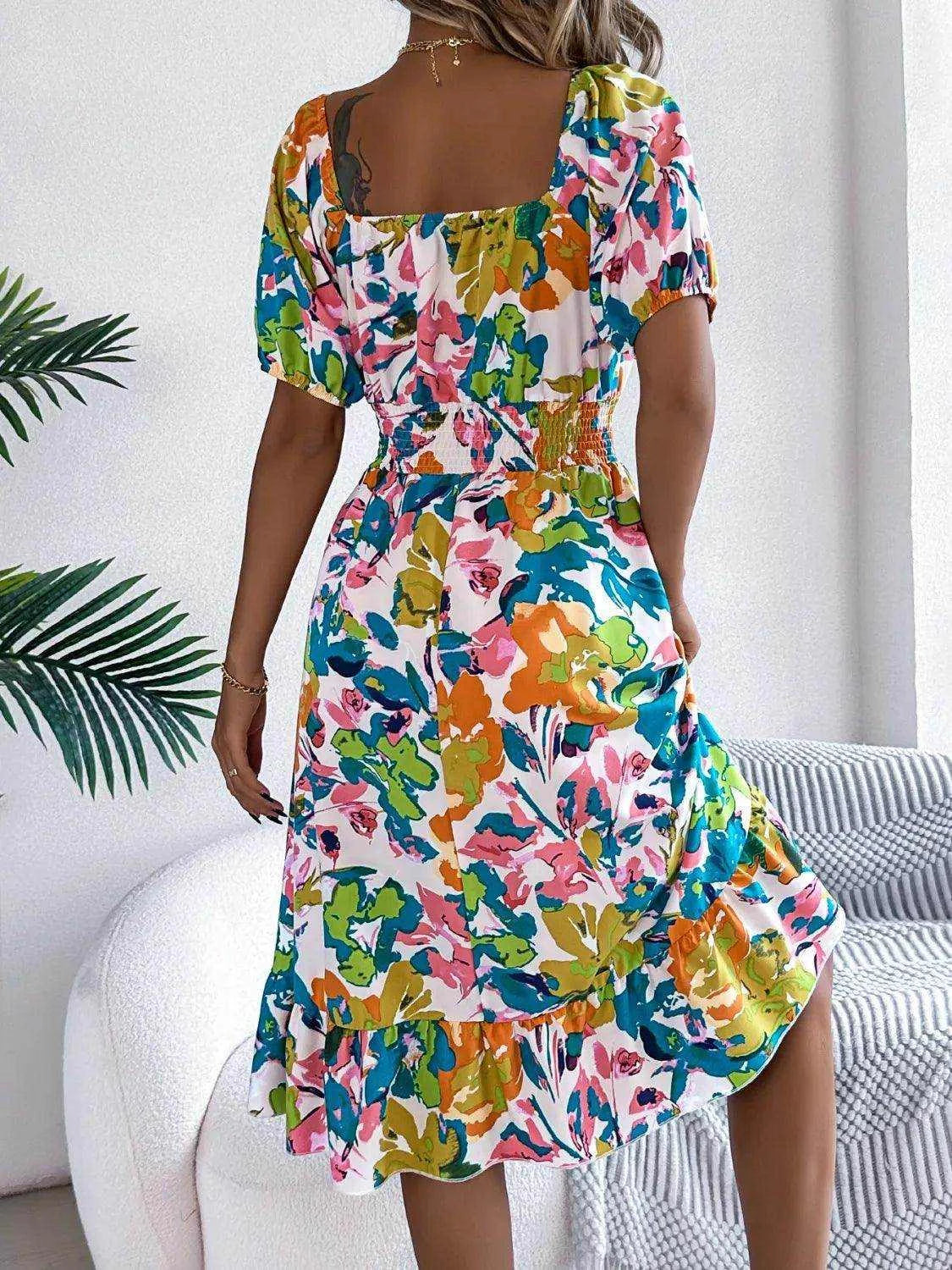 Ruffled Hem Smocked Floral Short Sleeve Midi Dress - StyleLure