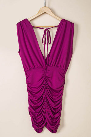 Ruched Surplice Sleeveless Wrap Dress - StyleLure