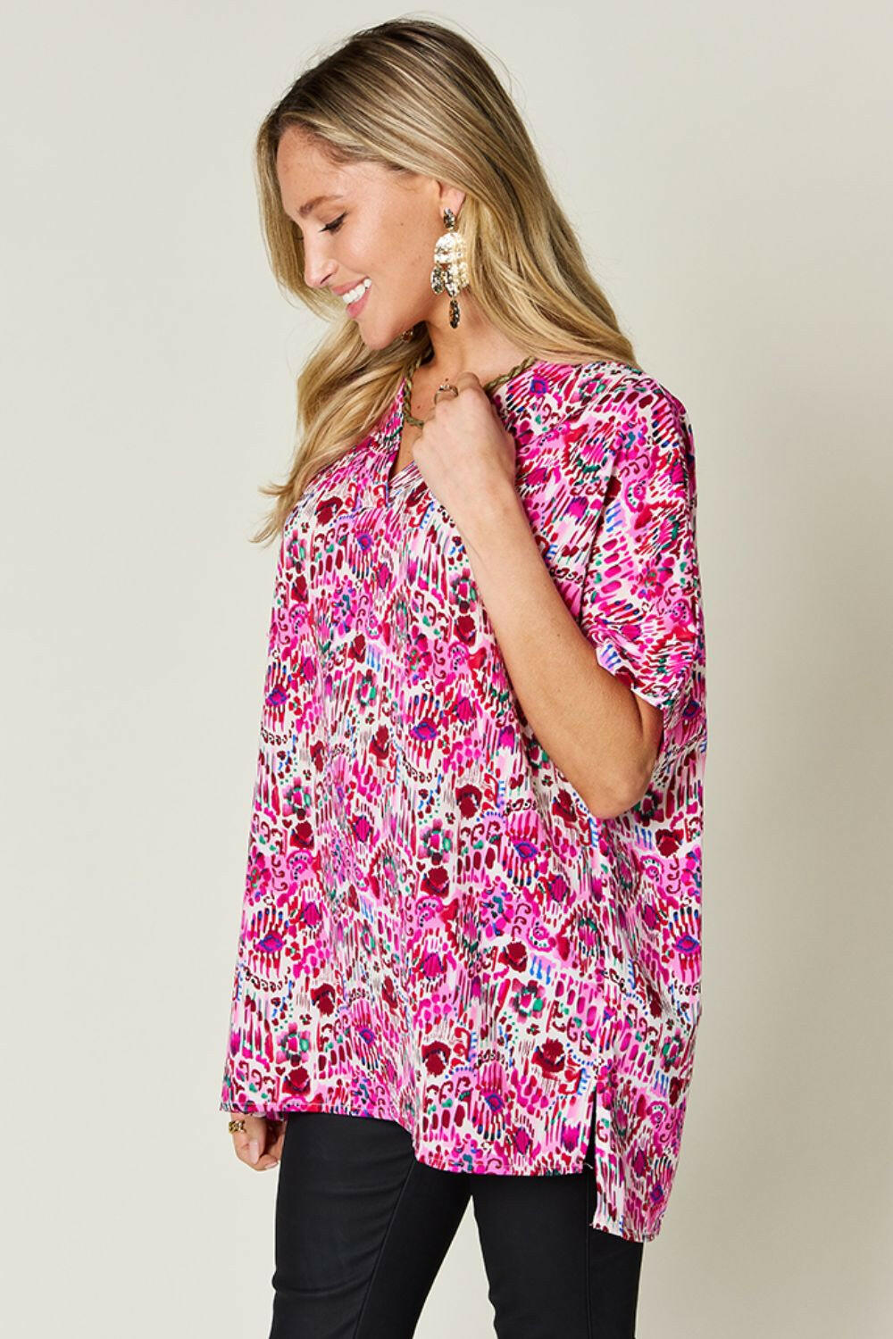 Double Take Full Size Printed V-Neck Short Sleeve Blouse - StyleLure