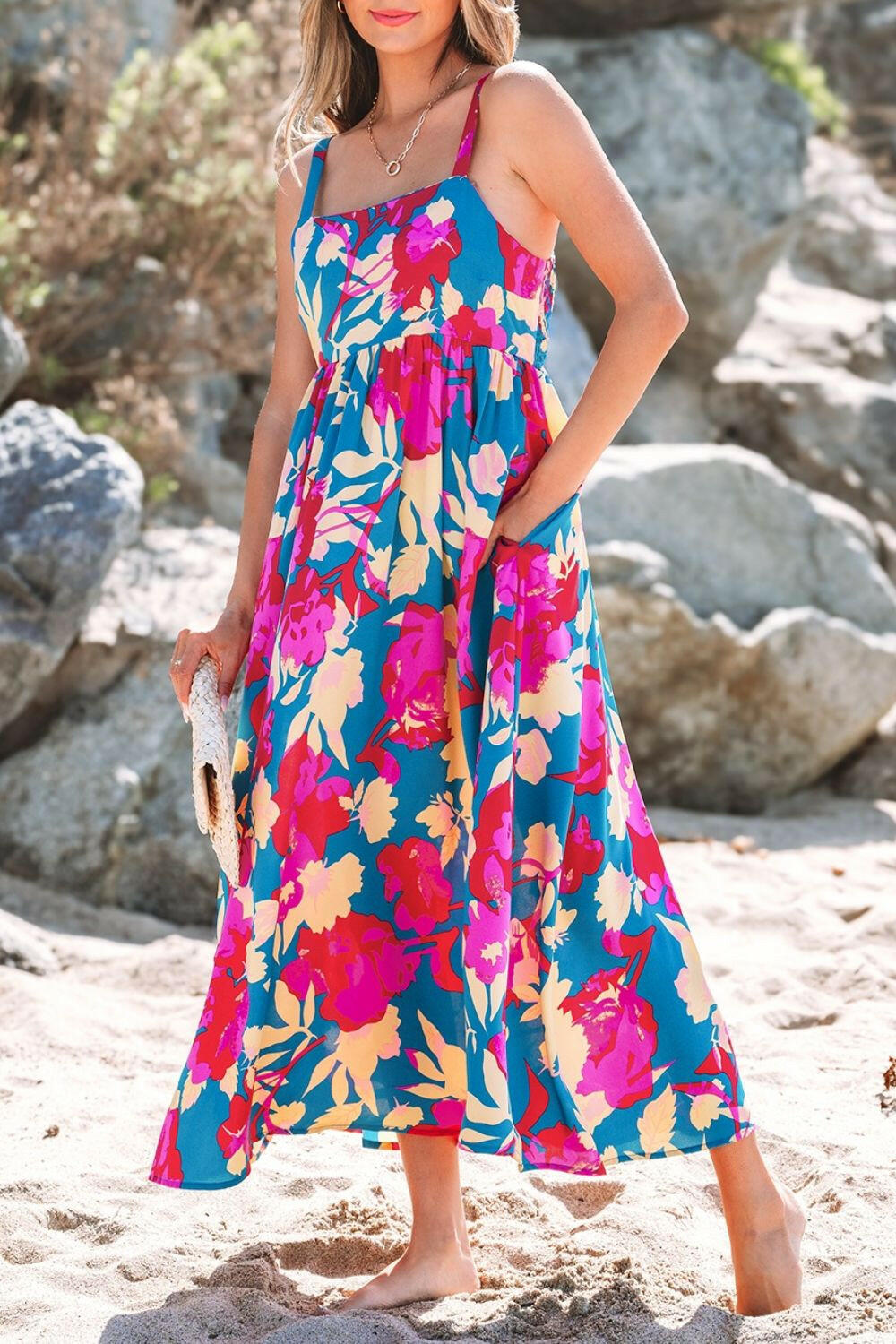 Floral Square Neck Cami Dress with Pockets - StyleLure
