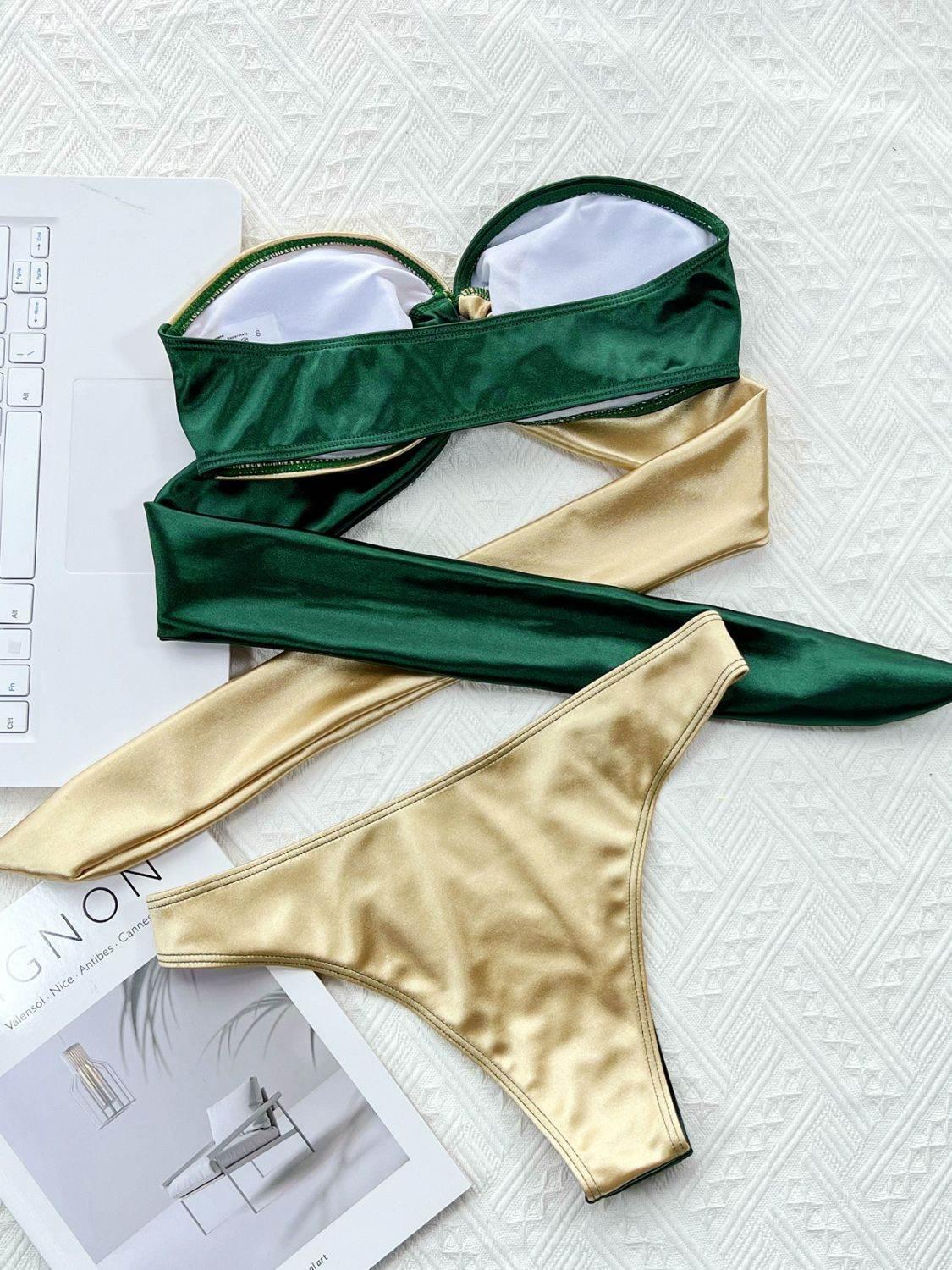 Two-Tone Ring Detail Tied Bikini Set - StyleLure