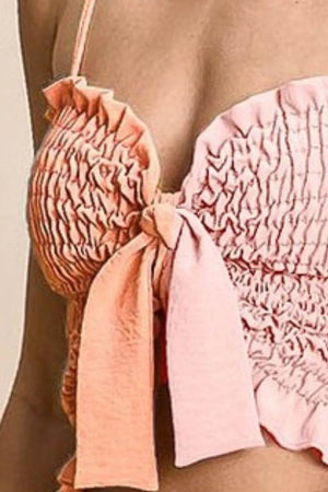BiBi Woven Color Block Smocked with Ribbon Bra Top - StyleLure
