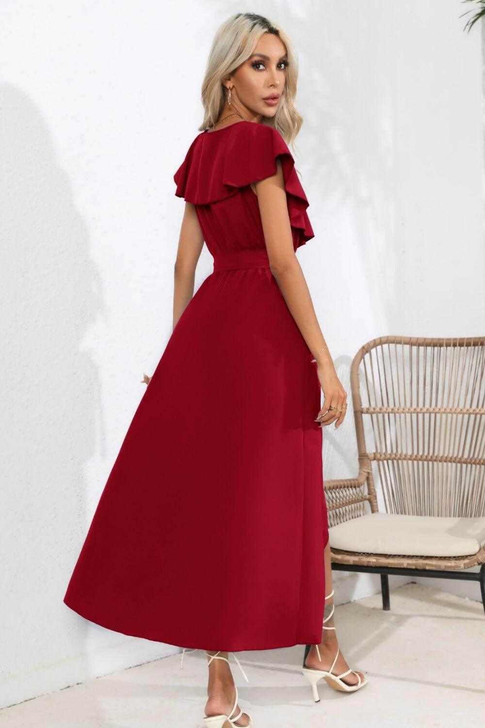Ruffled Tied V-Neck Midi Dress - StyleLure