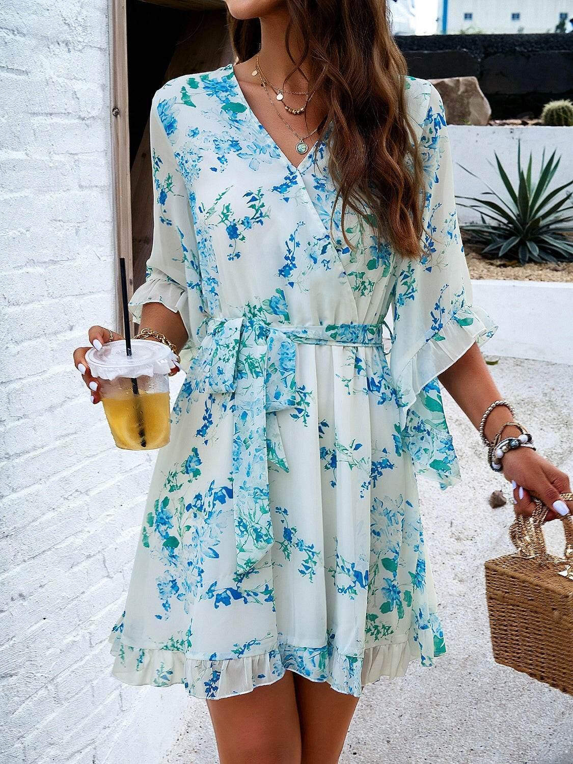 Devine Ruffled Printed Surplice Half Sleeve Mini Dress - StyleLure