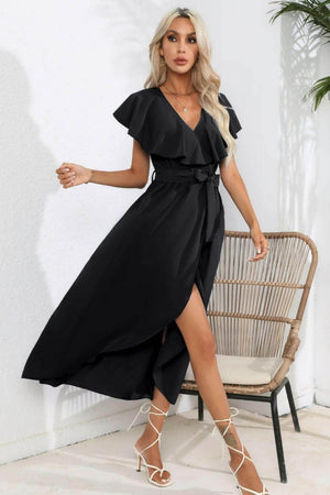 Ruffled Tied V-Neck Midi Dress - StyleLure