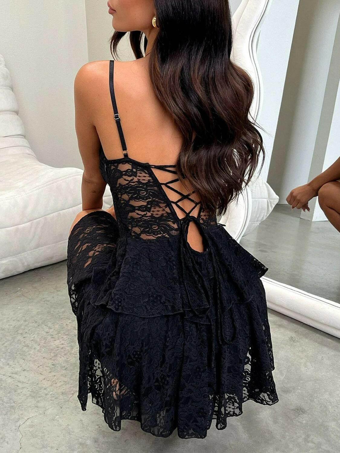 Devine Lace-Up Layered Lace Mini Cami Dress - StyleLure