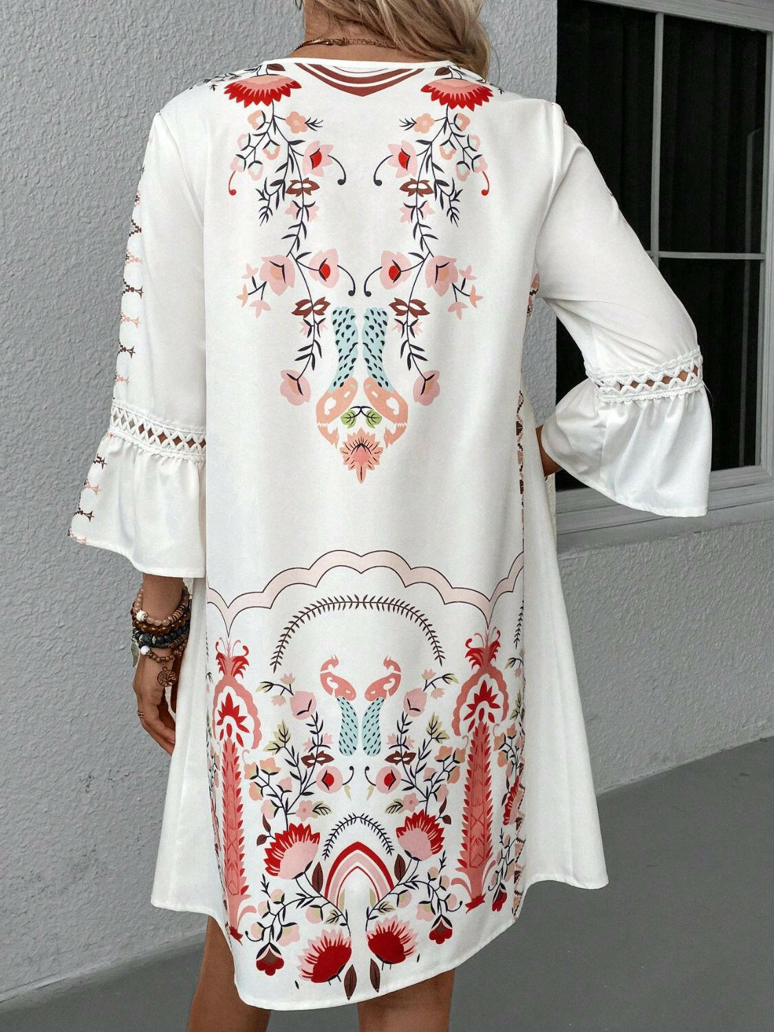 Lace Detail Printed Three-Quarter Sleeve Dress - StyleLure
