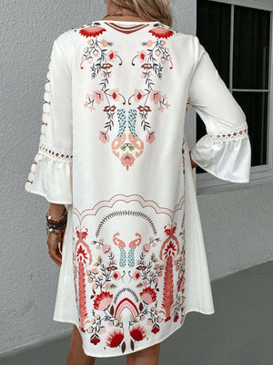 Lace Detail Printed Three-Quarter Sleeve Dress - StyleLure