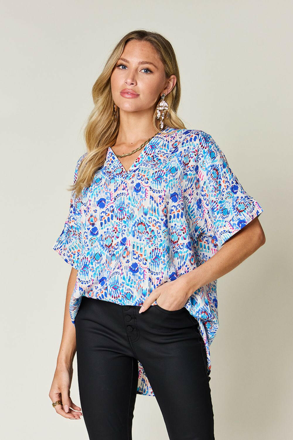 Double Take Full Size Printed V-Neck Short Sleeve Blouse - StyleLure