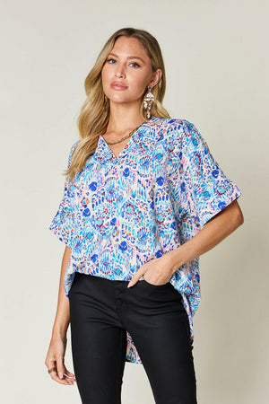 Double Take Full Size Printed V-Neck Short Sleeve Blouse - StyleLure