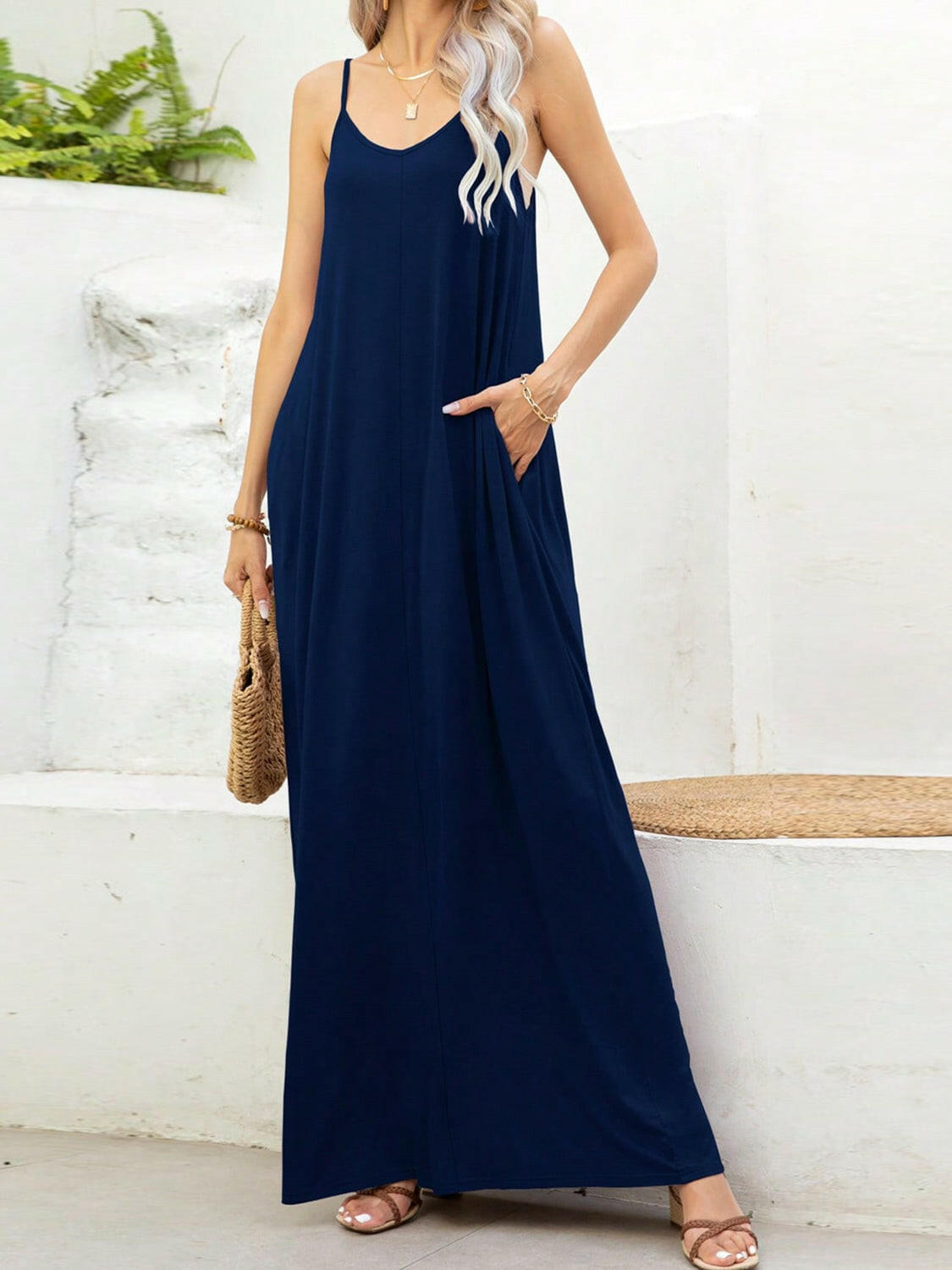 V-Neck Maxi Cami Dress with Pockets - StyleLure
