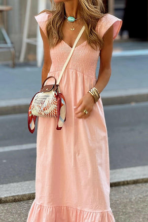 V Neck Ruffled Cap Sleeve Smocked Maxi Dress - StyleLure