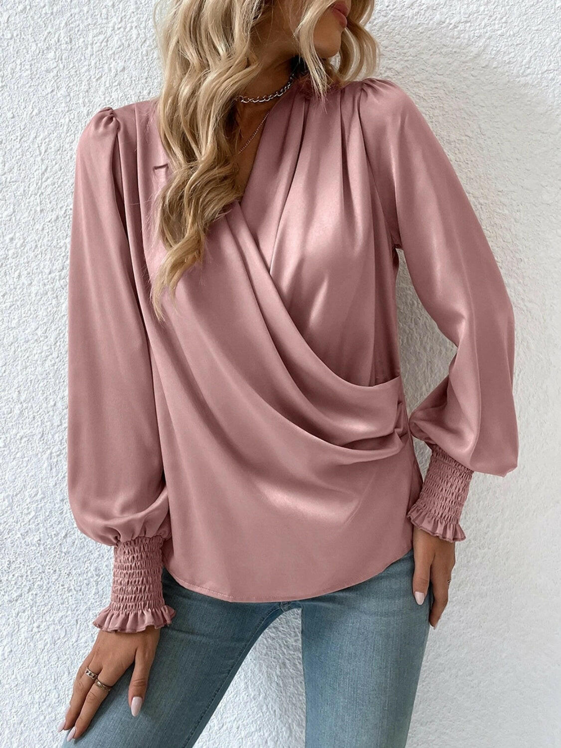 Surplice Smocked Lantern Sleeve Blouse - StyleLure