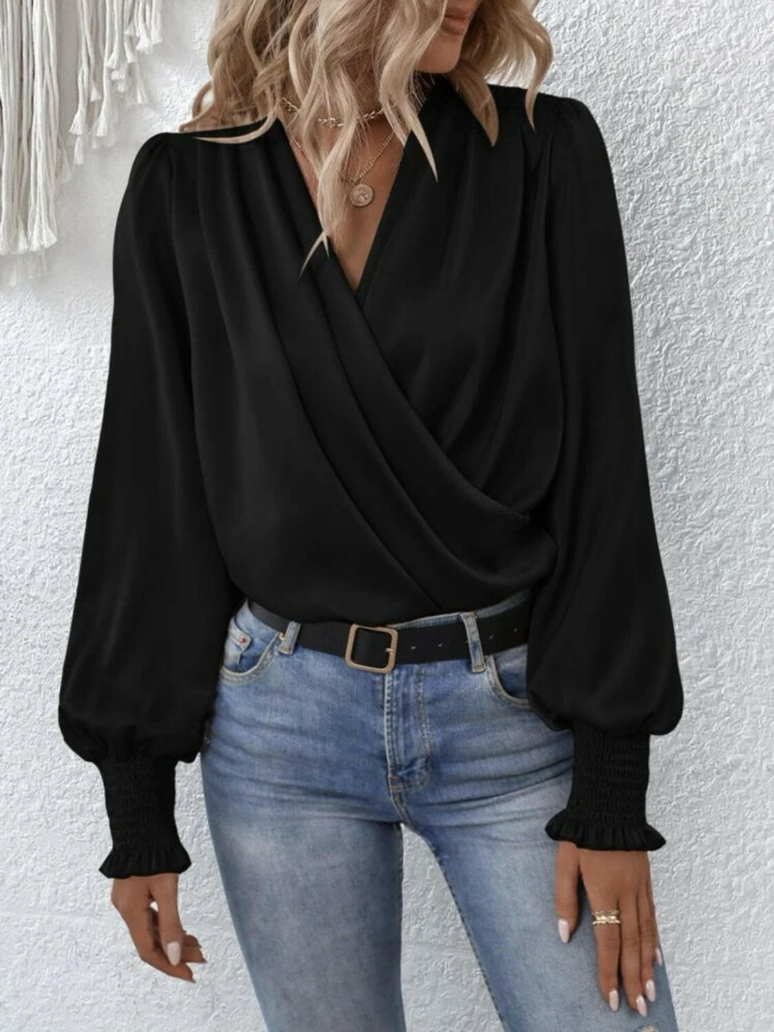 Surplice Smocked Lantern Sleeve Blouse - StyleLure