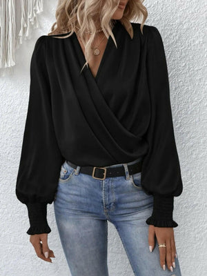 Surplice Smocked Lantern Sleeve Blouse - StyleLure