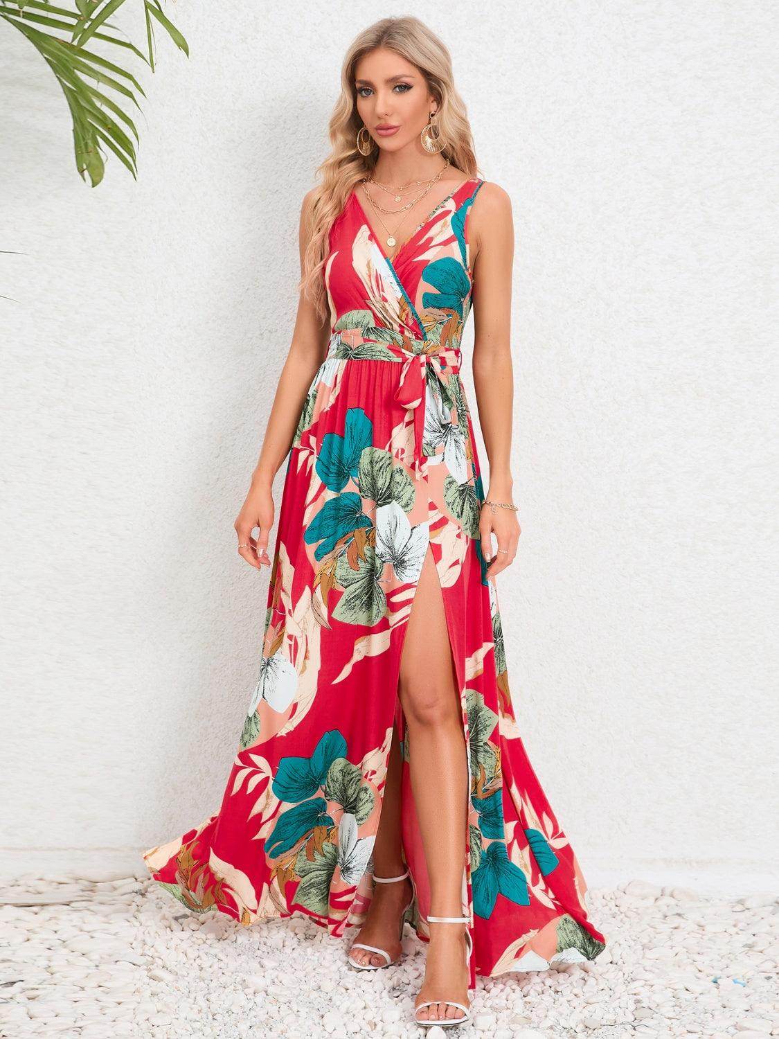Slit Tied Printed Surplice Dress - StyleLure