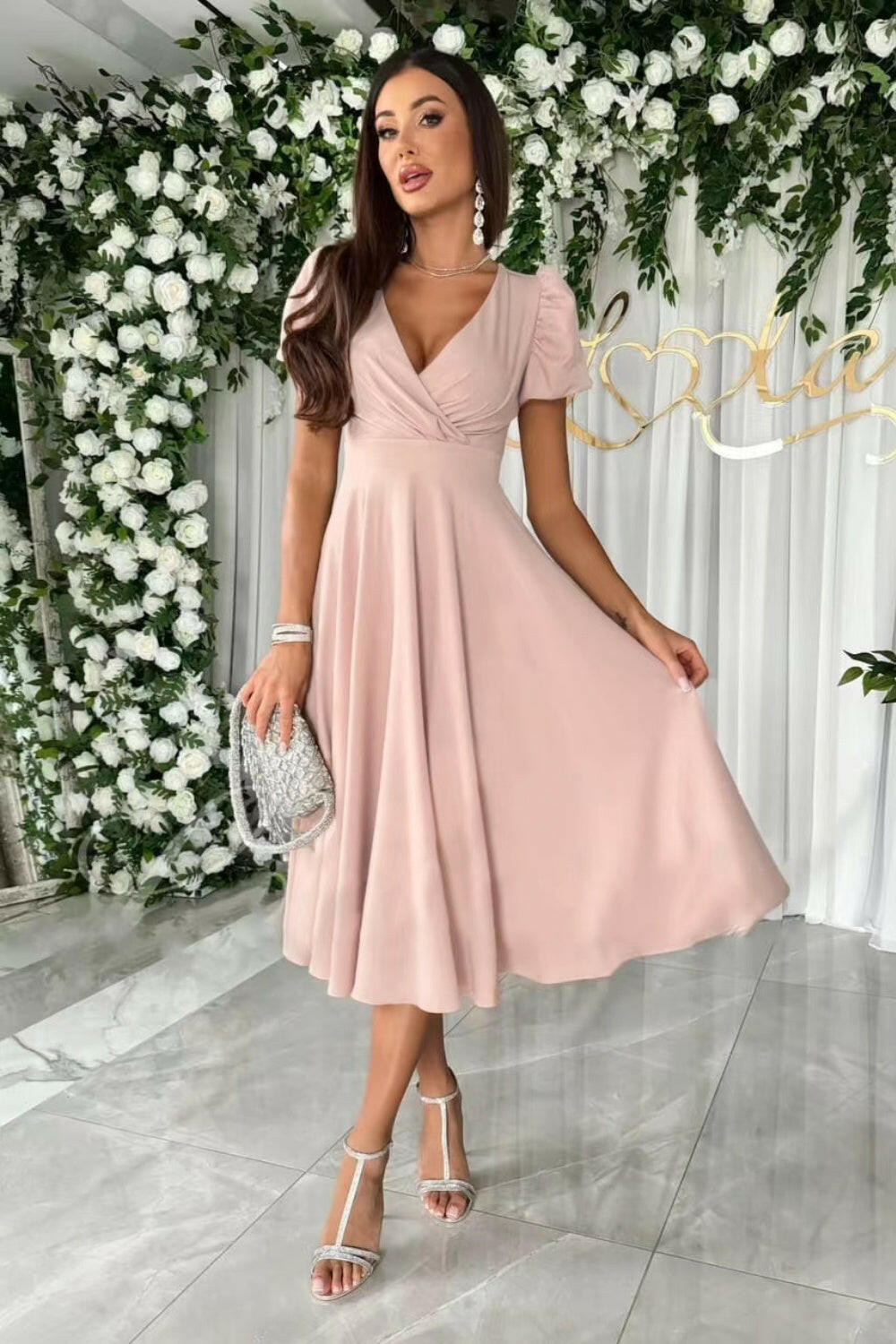 Surplice Puff Sleeve Midi Dress - StyleLure