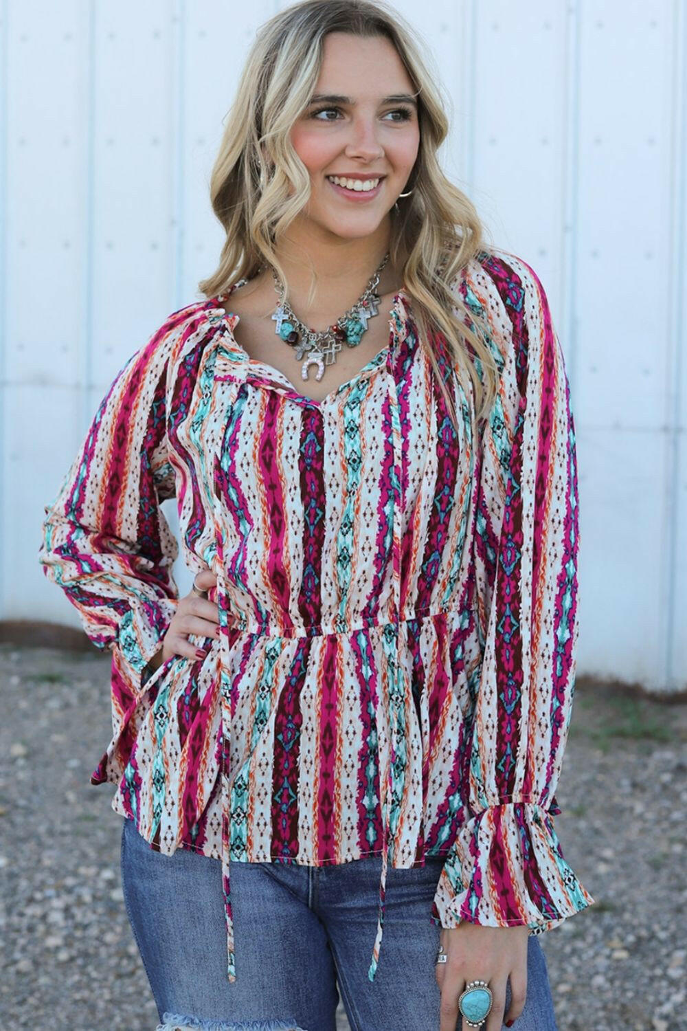 Multicolour Western Print Split Neck Peplum Blouse - StyleLure