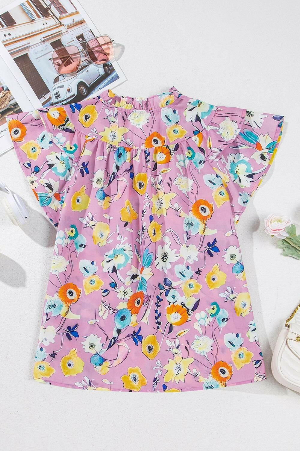 Printed Notched Double Layered Ruffle Sleeve Blouse - StyleLure