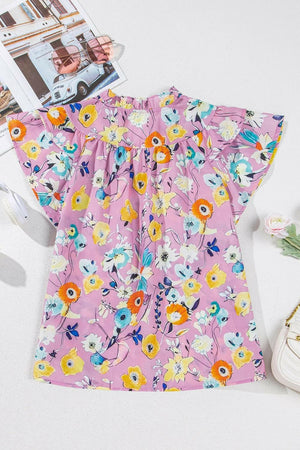 Printed Notched Double Layered Ruffle Sleeve Blouse - StyleLure