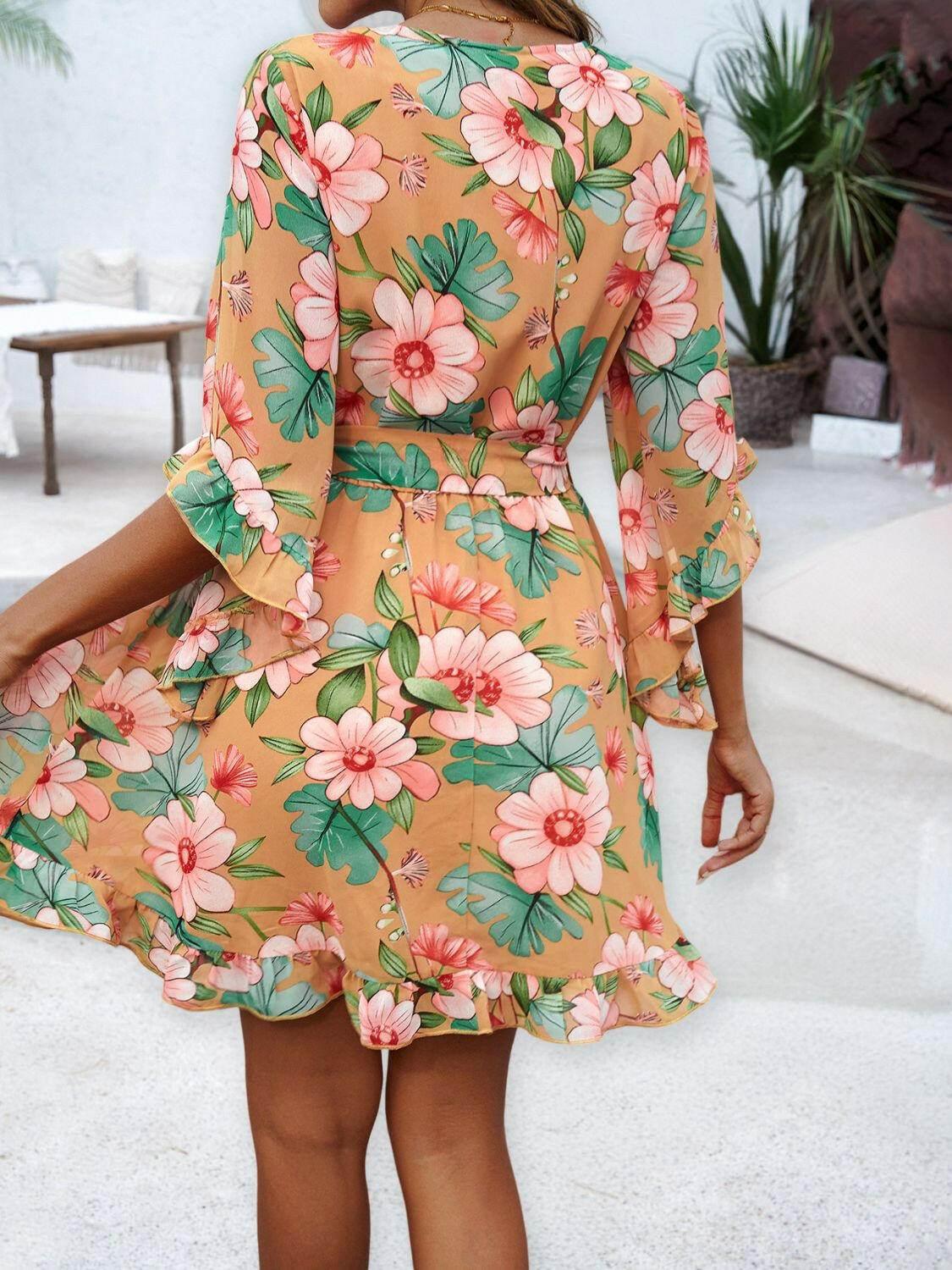 Devine Ruffled Printed Surplice Half Sleeve Mini Dress - StyleLure