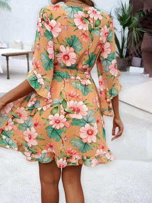 Devine Ruffled Printed Surplice Half Sleeve Mini Dress - StyleLure
